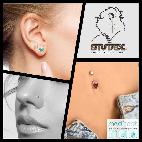 Collage of ear, nose and navel piercing examples and jewelry