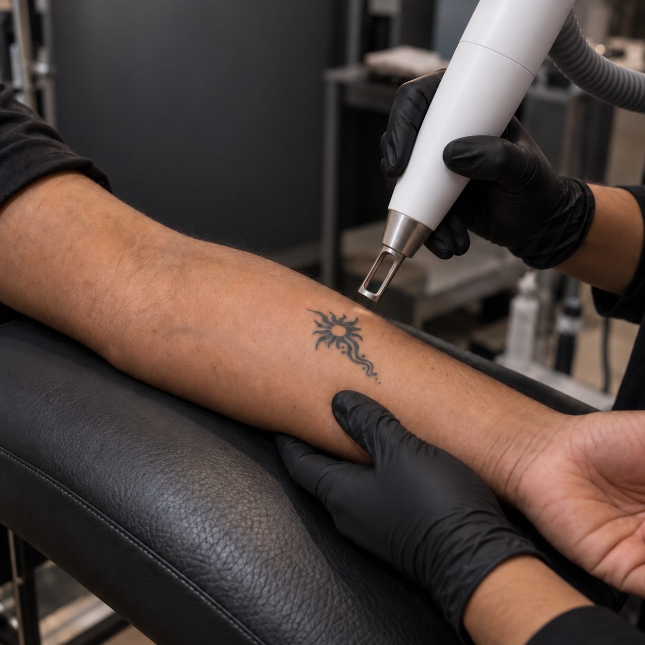 Laser tattoo removal device held near a tattooed forearm