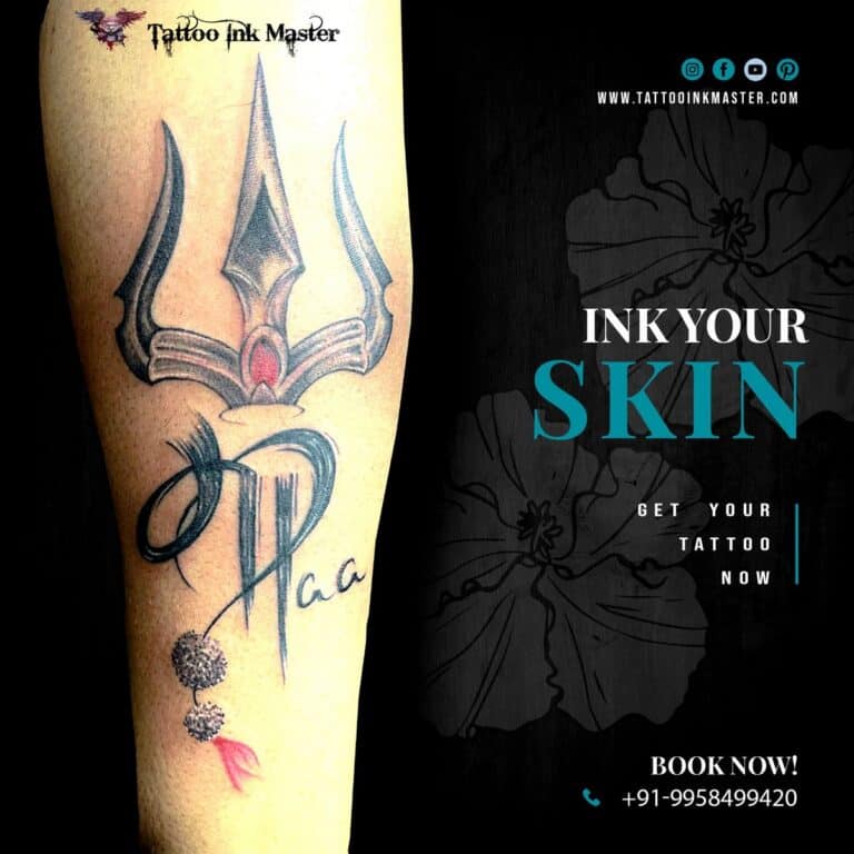 Naksh Tattoos - The Trishul tattoo is famous with followers of Shaivism.  The Trishul is a symbol of power; hence many people tend to have it on  their bodies to show their