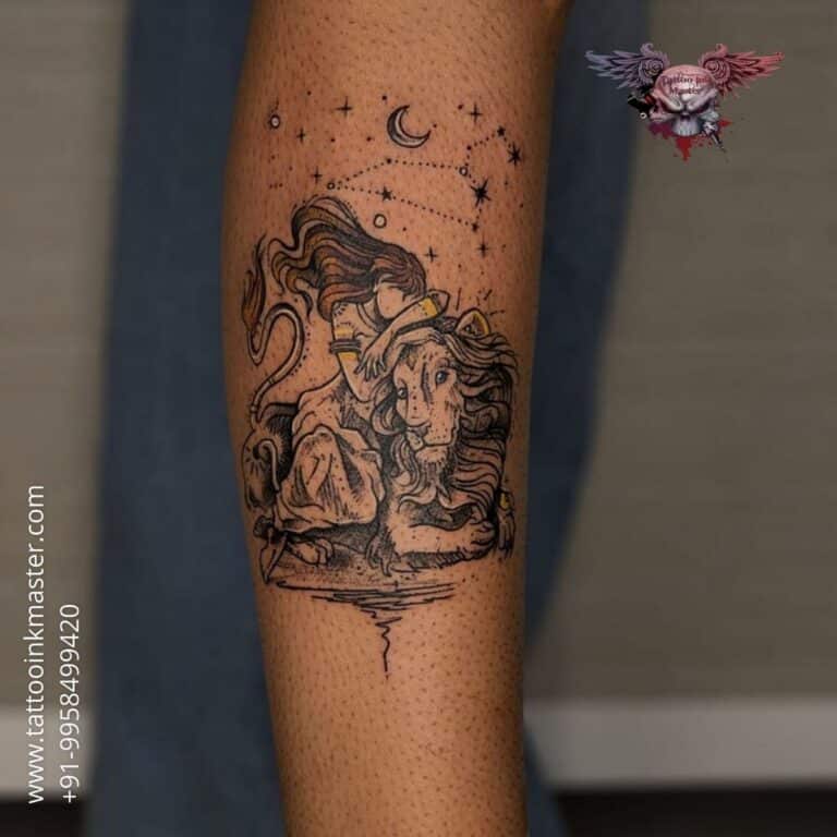 Read more about the article Arm Tattoo Of A Girl Sitting With Lion Tattoo
