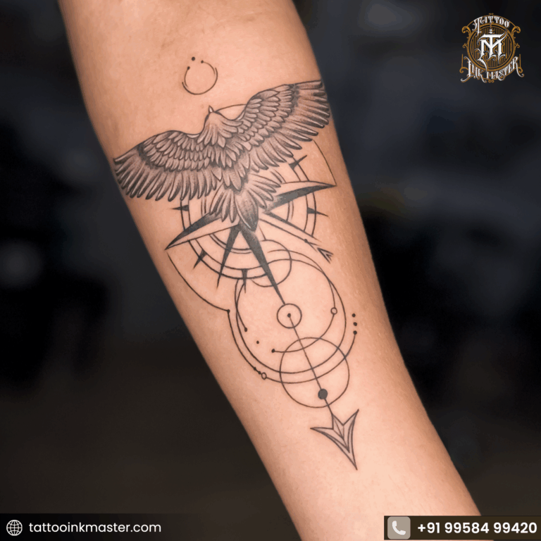 Read more about the article Get a Geometric Compass Tattoo with Flying Bird Now