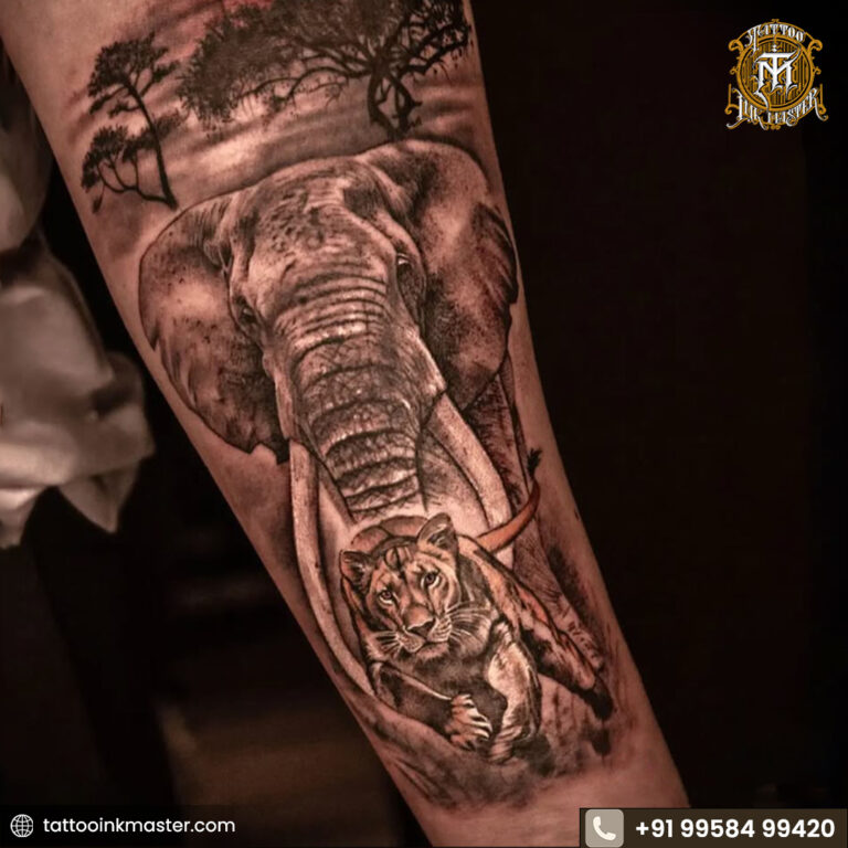 Read more about the article Elephant & Tiger Tattoo Now – Art, Strength & Inner Power