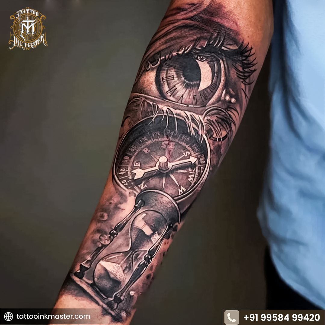 You are currently viewing Powerful Realistic Compass Tattoo – Eye, Hourglass & Life